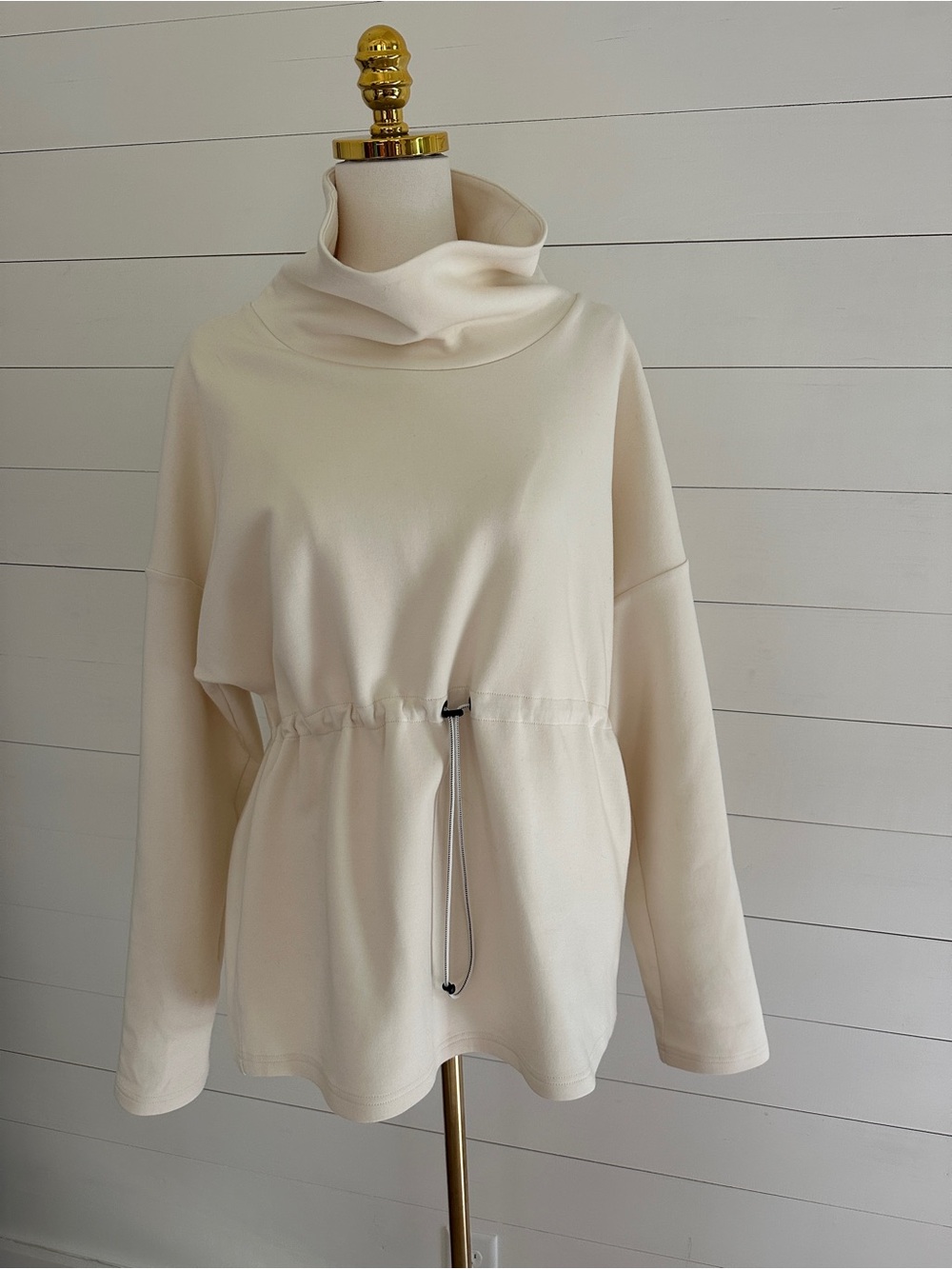 Varley Cream Cowl Neck Drawstring Tunic Sweater